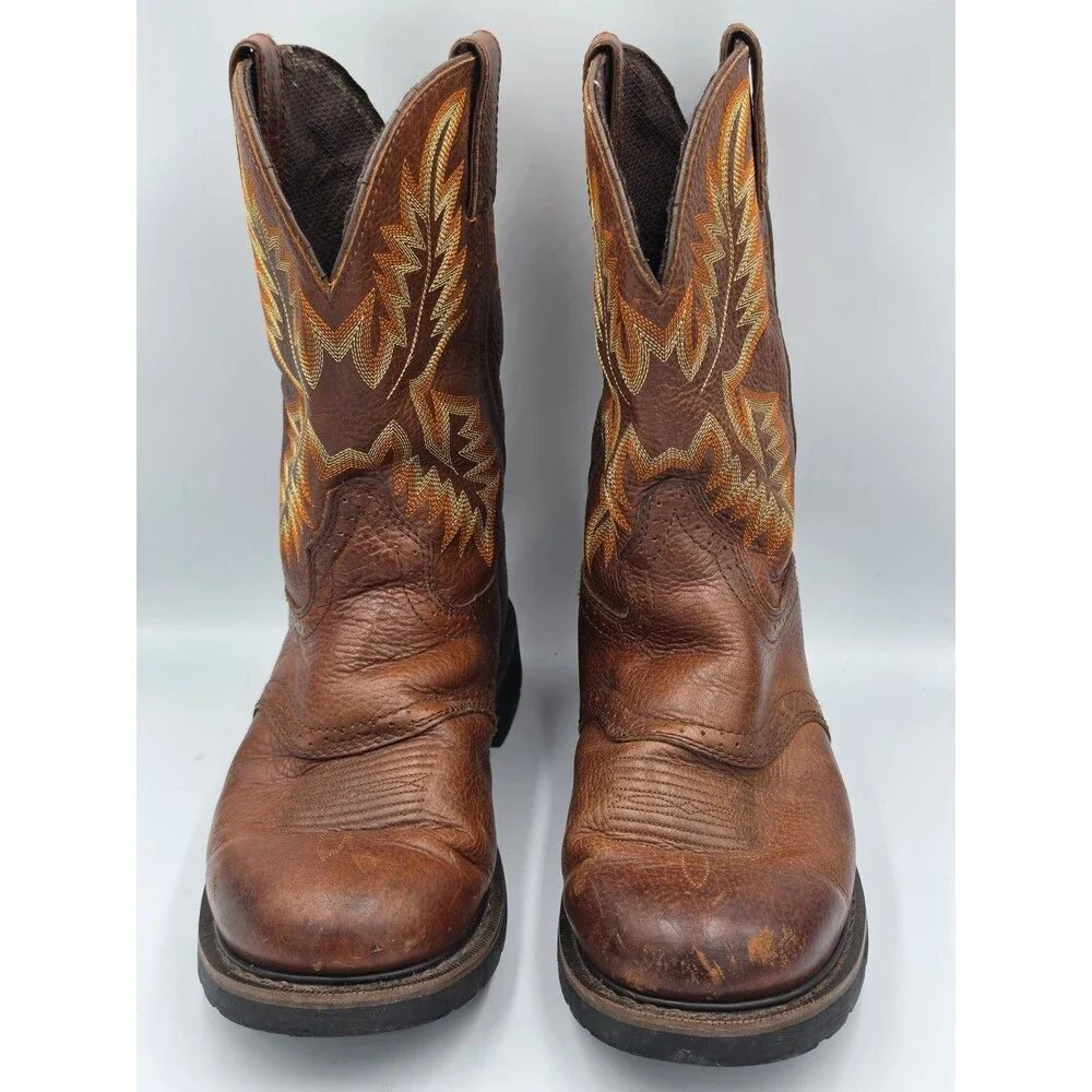 Justin Stampede Pull On Western Work Boot Round Toe Mens Size 10EE Brown Leather